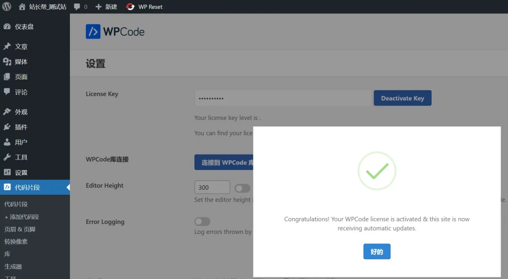 Wpcode Pro 许可证激活示例